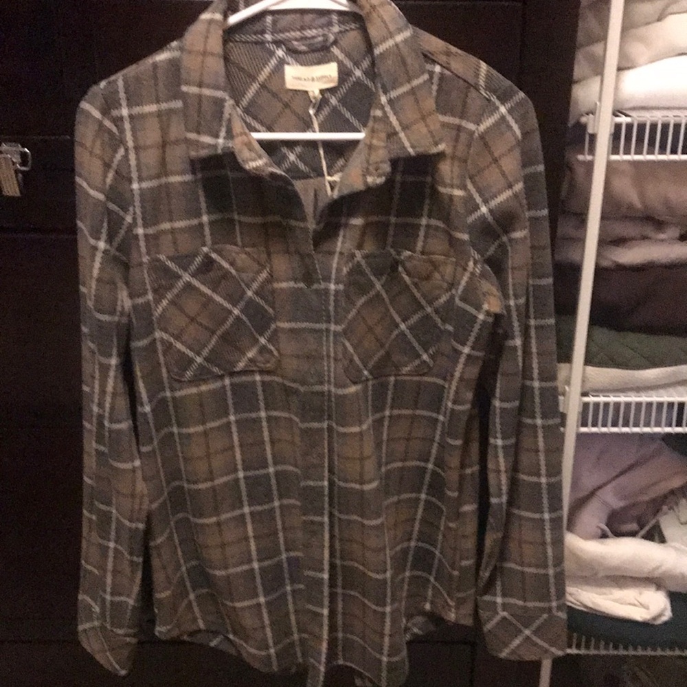 Thread & Supply Brown Gray Cream Plaid Button Down Shirt Size S, NWT